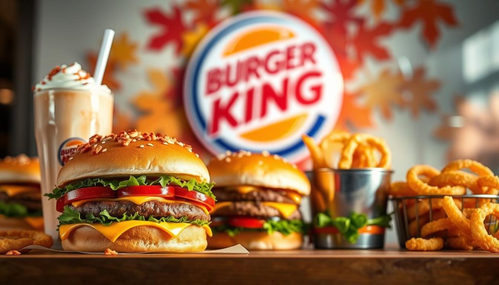 A vibrant display of Burger King's seasonal specials, captured in a high-quality, professional-looking photograph. The foreground features a selection of Burger King's latest limited-time offerings, including a signature Whopper burger with festive toppings, a seasonal milkshake, and a side of onion rings. The middle ground showcases the Burger King logo against a backdrop of autumn-inspired colors, hinting at the seasonal nature of these items. The lighting is soft and natural, creating a warm, inviting atmosphere. The image is shot from a slightly elevated angle, giving a sense of depth and showcasing the array of menu items. The focus is sharp, with a shallow depth of field to draw the viewer's attention to the star of the image - the delicious Burger King seasonal specials.