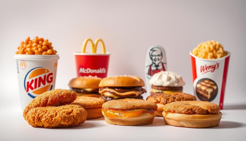 A vibrant display of fast-food desserts, captured in a sleek and modern studio setting. In the foreground, an assortment of decadent treats from Burger King, including their signature Chicken Tenders and Dutch Apple Pie, sits alongside similar offerings from rival chains like McDonald's, Wendy's, and KFC. The middle ground showcases the visual contrast between the rich, golden-brown crusts and the glistening, fruit-filled interiors. Soft, directional lighting illuminates the scene, creating a sense of depth and highlighting the textural details of each dessert. The background features a minimalist, white backdrop, allowing the desserts to take center stage and inviting the viewer to make an informed comparison of the various fast-food options.