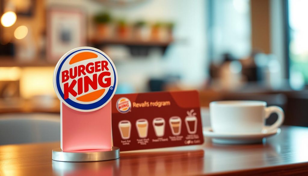 A vibrant, high-resolution image of a Burger King loyalty program presented in a sleek, modern design. The foreground features the Burger King logo and a stylized rewards card, both rendered in a warm, inviting color palette. The middle ground showcases various coffee drink icons, hinting at the loyalty program's coffee-centric benefits. The background subtly evokes a cozy café atmosphere, with soft lighting and a blurred, bokeh-like effect, creating a sense of comfort and indulgence. The overall composition conveys a premium, elevated experience that aligns with the Burger King brand and the specialized coffee loyalty program.