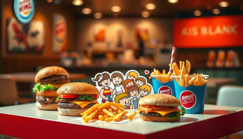 A vibrant, lively scene of Burger King's secret kids menu items, captured in a soft, warm lighting. In the foreground, a selection of playful, colorful burgers, fries, and drinks, artfully arranged on a clean, crisp surface. In the middle ground, a playful, whimsical illustration of a group of smiling children eagerly enjoying the treats. The background is a blurred, bokeh-rich environment, hinting at the cozy, inviting atmosphere of a Burger King restaurant. The overall mood is one of joy, delight, and the thrill of discovering something special and exclusive.