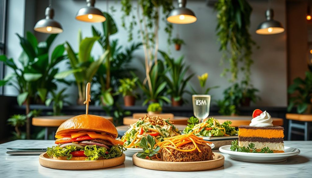 A vibrant, plant-based dining scene set in a modern, minimalist restaurant interior. In the foreground, a table showcases an array of freshly prepared, colorful dishes - a hearty veggie burger, a crisp salad, and a delectable vegan dessert. The middle ground features a backdrop of lush greenery, with potted plants and hanging vines creating a serene, nature-inspired ambiance. Soft, diffused lighting from overhead fixtures casts a warm, inviting glow across the scene. The overall atmosphere exudes a sense of health, wellness, and a celebration of sustainable, meatless dining options.
