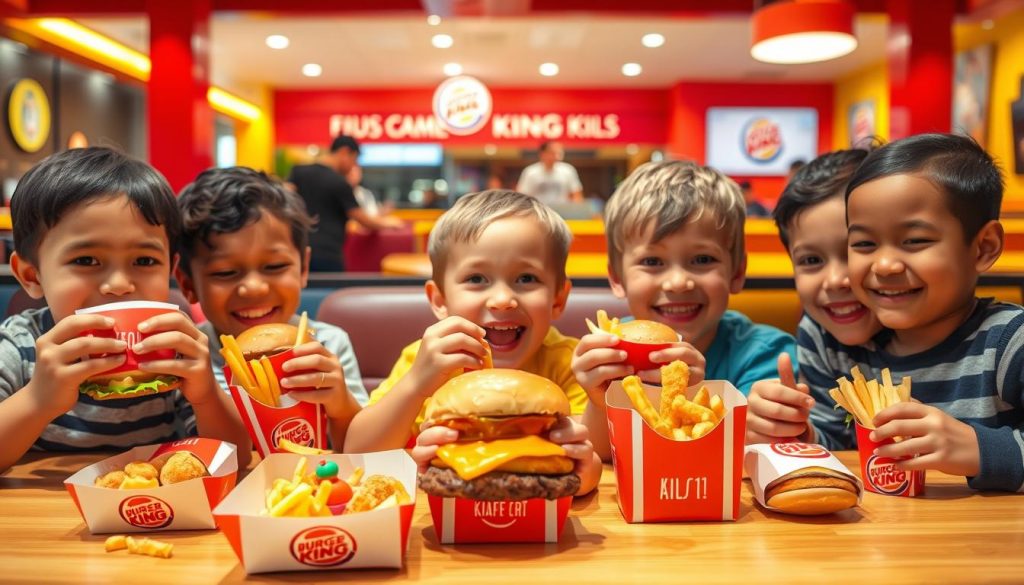 A vibrant, playful scene of Burger King's beloved kids' meals, capturing the joy and excitement of a family-friendly dining experience. In the foreground, a group of smiling children eagerly unwrap their cheeseburgers, chicken nuggets, and french fries, each meal complete with a colorful, whimsical toy. The middle ground features a Burger King restaurant setting, with bright red and yellow decor, inviting booths, and a friendly staff. In the background, a warm, golden lighting creates a welcoming atmosphere, while the overall composition conveys a sense of energy, liveliness, and the perfect balance of taste and fun that defines the Burger King kids' meal experience.
