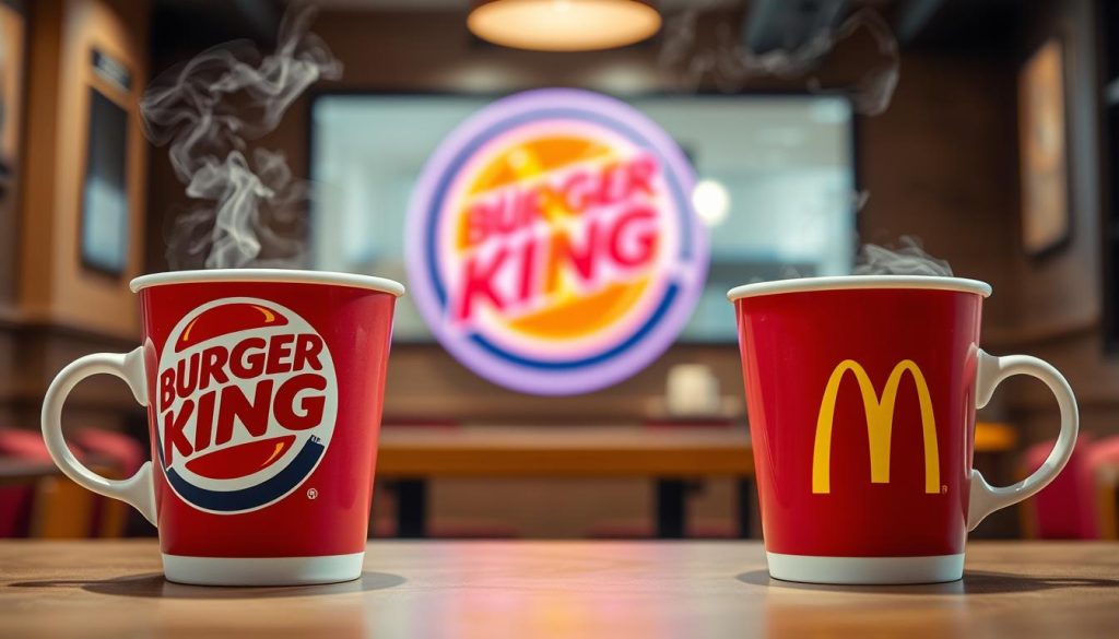 A vibrant scene of a coffee shop showdown. In the foreground, two iconic cups of coffee sit side-by-side - the bold Burger King brew and the classic McDonald's offering. The cups are captured in crisp detail, their steam rising in the soft, even lighting. In the middle ground, the Burger King and McDonald's logos loom large, their colors and shapes in stark contrast. The background blurs into a hazy cafe atmosphere, with subtle hints of wood paneling and a cozy ambiance. The overall tone conveys a sense of friendly competition, inviting the viewer to compare and contrast the two coffee options.