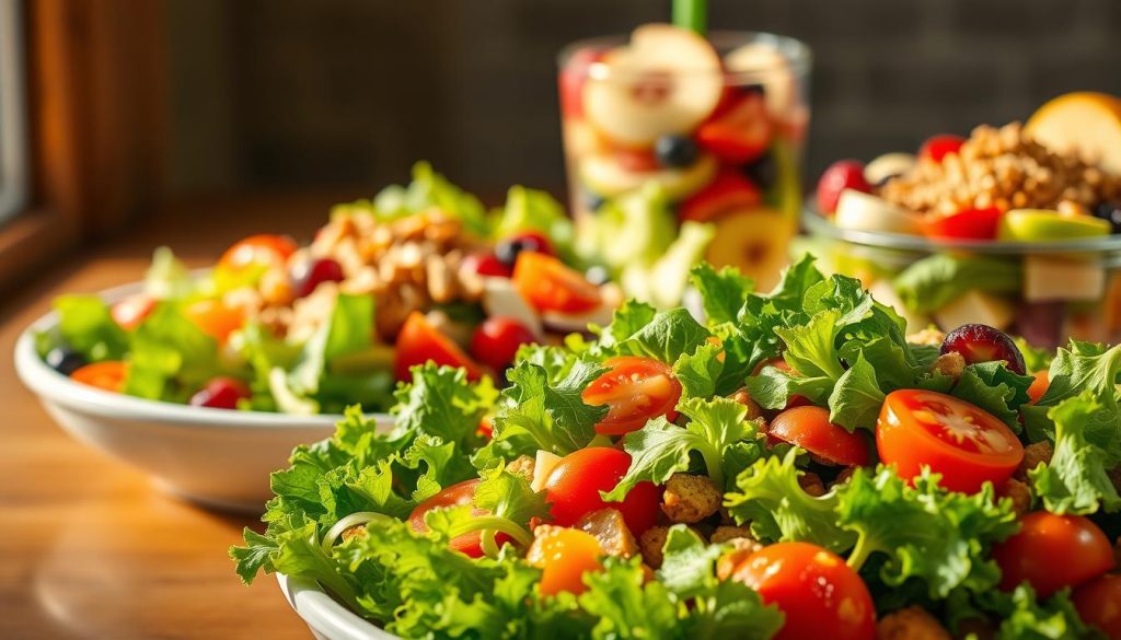 A vibrant still life capturing a selection of fresh, healthy Burger King salads. In the foreground, a crisp green salad filled with crunchy lettuce, juicy tomatoes, and colorful vegetables, dressed in a light vinaigrette. Behind it, a Caesar salad with crisp romaine, creamy dressing, and crunchy croutons. In the background, a refreshing fruit salad with sliced apples, berries, and a sprinkle of nut topping. Warm, natural lighting illuminates the scene, casting a warm glow on the ingredients. Shot with a shallow depth of field, the salad dishes are in focus, drawing the viewer's attention to the appetizing display of Burger King's fresh, nutritious menu options.