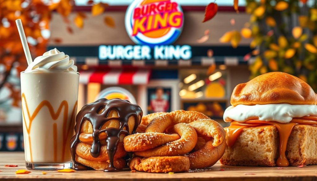 A vibrant still life of seasonal Burger King dessert specials, captured in natural lighting and a warm, inviting atmosphere. In the foreground, a collection of delectable treats - a creamy milkshake with a dollop of whipped cream, a decadent chocolate-drizzled funnel cake, and a freshly baked apple pie with a golden crust. In the middle ground, a Burger King restaurant facade emerges, its neon sign casting a soft glow. The background blends into a cozy, autumnal scene, with falling leaves and a hint of a crisp, seasonal breeze. The overall composition evokes a sense of comfort, indulgence, and the excitement of limited-time offerings.
