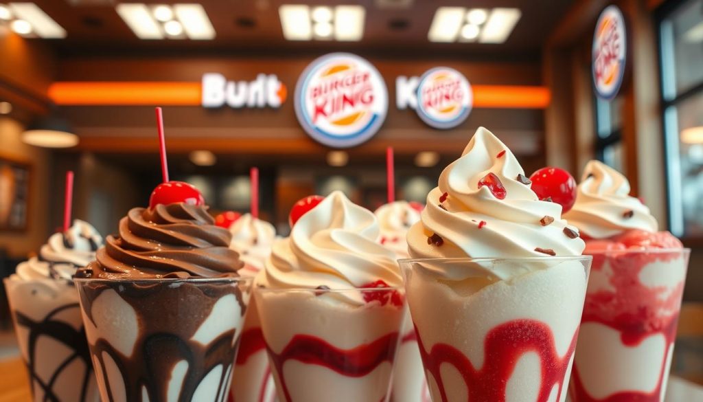A visually appealing array of Burger King's signature ice cream sundae flavors, captured in a warm, inviting atmosphere. In the foreground, a tempting display of sundaes in classic flavors like chocolate, vanilla, and strawberry, topped with whipped cream, cherries, and other delectable garnishes. In the middle ground, a glimpse of the Burger King logo and branding, conveying the high-quality and familiar Burger King experience. The background features a softly lit, modern, and clean Burger King setting, with tasteful decor and lighting that complements the delicious desserts. The overall composition evokes a sense of indulgence, satisfaction, and the inviting allure of Burger King's sweet treats.