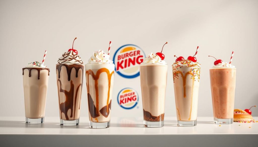 A visually appealing display of Burger King's decadent milkshakes takes center stage against a crisp, white background. In the foreground, multiple tall glasses brimming with thick, creamy milkshake in classic vanilla, chocolate, and strawberry flavors sit atop a sleek, modern counter. Swirls of whipped cream and drizzles of chocolate or caramel sauce add a touch of indulgence, while plump, juicy cherries and colorful sprinkles provide a playful finishing touch. The middle ground features the iconic Burger King logo, subtly hinting at the restaurant's connection to these delectable treats. Soft, natural lighting casts a warm, inviting glow, creating a sense of premium quality and inviting the viewer to indulge in these creamy, luscious milkshakes.