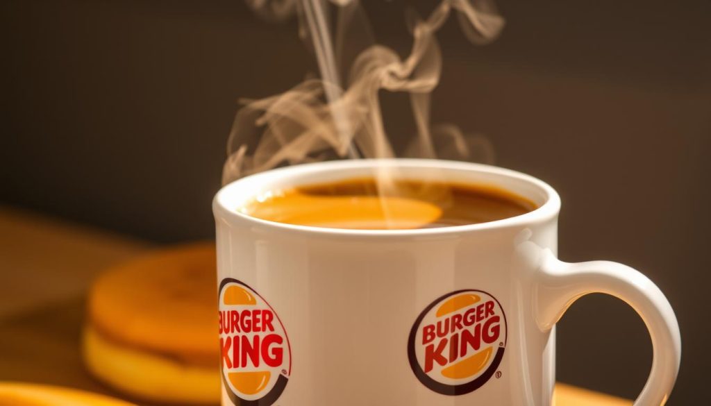 A warm, inviting close-up of a freshly brewed Burger King coffee, its rich aroma and steam rising from the cup. The smooth, dark liquid glistens under soft, natural lighting, casting a cozy glow. The classic Burger King logo adorns the side of the ceramic mug, adding a touch of familiar branding. The scene is framed by a blurred, neutral background, drawing the viewer's focus to the enticing beverage. The overall mood is one of comfort and satisfaction, perfectly complementing the Burger King breakfast experience.