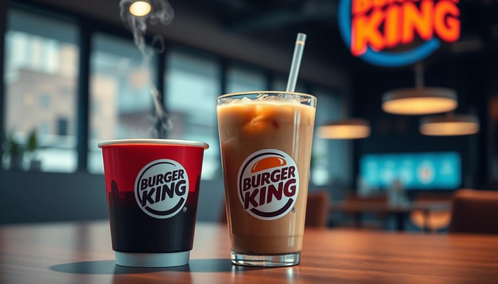 A well-lit and detailed table-top scene showcasing two Burger King-branded coffee cups - one filled with steaming hot coffee, the other with iced coffee. The cups are set against a blurred backdrop of a modern Burger King restaurant interior, with muted colors and soft lighting creating a warm and inviting atmosphere. The composition emphasizes the contrast between the hot and iced beverages, highlighting the variety of coffee options available at Burger King. The overall image conveys a sense of quality, freshness, and the perfect balance of comfort and convenience for the coffee connoisseur.