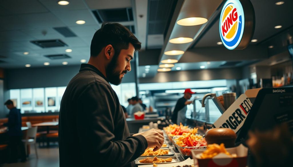 A well-lit and immersive scene of a Burger King restaurant interior, showcasing the customization process. In the foreground, a customer stands at the counter, deep in concentration as they select their desired toppings and condiments for a made-to-order burger, the array of options laid out before them. The middle ground features the bustling kitchen, where chefs skillfully assemble the burgers, their movements captured in a dynamic, cinematic manner. The background reveals the warm, inviting ambiance of the restaurant, with modern decor, comfortable seating, and the iconic Burger King logo prominently displayed. The lighting is soft and natural, creating a welcoming atmosphere that encourages creativity and personalization in the burger-making experience.