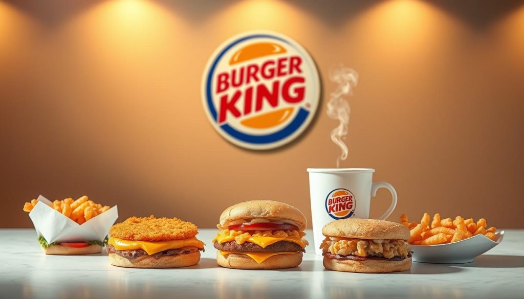 A well-lit, appetizing display of Burger King's breakfast menu specials, captured at a high-resolution angle that showcases the tantalizing details of the food items. The foreground features a neatly arranged selection of breakfast sandwiches, hash browns, and a steaming hot coffee cup, all presented on a clean, modern surface. The middle ground includes a prominent Burger King logo, conveying the brand's identity and the special offer context. The background subtly blends warm, inviting tones that create a welcoming, premium atmosphere, emphasizing the exclusivity and value of the breakfast deals.