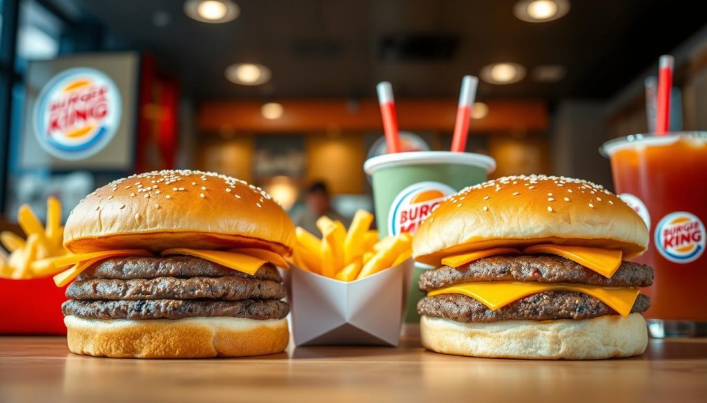 A well-lit display of two Burger King Duo Meal Deals, showcasing the burgers, fries, and beverages in an appetizing arrangement. The foreground features the two meals side by side, with the burgers taking center stage, their sesame seed buns glistening and the beef patties visible. The middle ground showcases the crisp, golden-brown french fries, arranged in a visually pleasing manner. In the background, a blurred Burger King restaurant interior provides context, with subtle branding elements visible. The lighting is soft and natural, creating a warm, inviting atmosphere that highlights the food's freshness and quality. The overall composition is balanced and aesthetically pleasing, capturing the essence of Burger King's Duo Meal Deals.