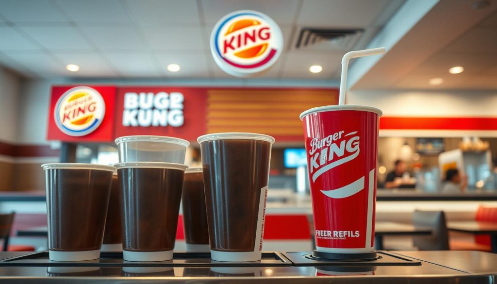 A well-lit, high-quality photograph of a Burger King restaurant interior, showcasing a prominent drink station with multiple large soda cups arranged in the foreground, suggesting the availability of free refills. The middle ground features the restaurant's iconic red and white color scheme, with a sleek, modern counter design visible. The background depicts a cozy, inviting seating area, with comfortable booth seating and soft lighting, creating an atmosphere of casual dining and value. The overall scene conveys the message of generous, budget-friendly beverage options at Burger King.