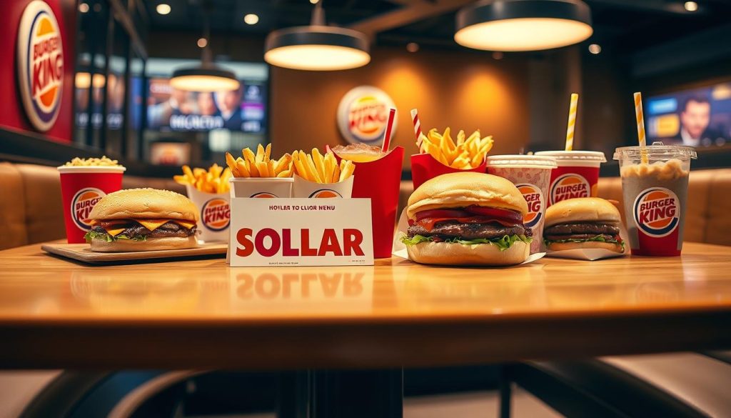 A well-lit, high-quality photograph of the Burger King Dollar Menu displayed on a sleek, modern restaurant table. The menu items are neatly arranged, showcasing the diverse selection of burgers, fries, and drinks available at a budget-friendly price. The lighting is warm and inviting, creating a cozy atmosphere. The table is made of polished wood, complementing the brand's signature colors of red and yellow. The background is slightly blurred, keeping the focus on the menu items. The overall composition is clean, well-balanced, and visually appealing, effectively conveying the affordable and satisfying nature of the Burger King Dollar Menu.