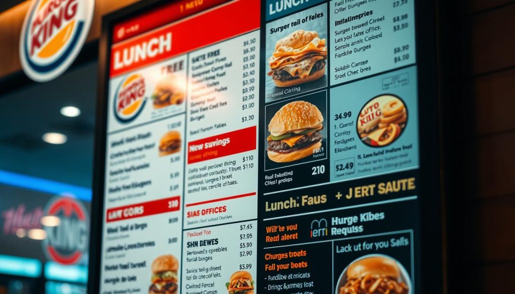 A well-lit, high-resolution close-up photograph of a Burger King lunch menu board, showcasing the various menu items, prices, and promotional offerings. The menu board is displayed against a slightly blurred background, creating a sense of depth and focus on the menu details. The lighting is warm and natural, creating a welcoming and appetizing atmosphere. The menu items are clearly visible, with legible text and clean, modern typography. The overall composition and styling suggest a professional, high-quality image suitable for use in a culinary article.