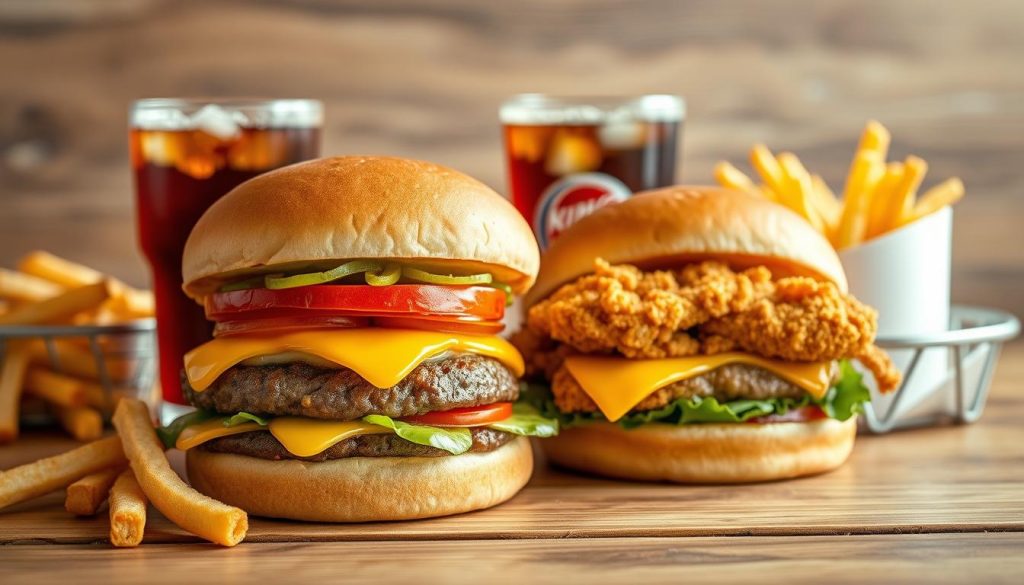 A well-lit, high-resolution close-up photograph of two delicious Burger King hamburger combos, artfully arranged on a wooden surface. The combos feature a Whopper and a Chicken Sandwich, served with golden french fries and ice-cold beverages. The lighting is natural and soft, accentuating the vibrant colors and textures of the food. The composition is balanced, with the burgers and sides neatly positioned to showcase their appealing presentation. The overall mood is appetizing and inviting, capturing the essence of a satisfying Burger King duo meal deal.