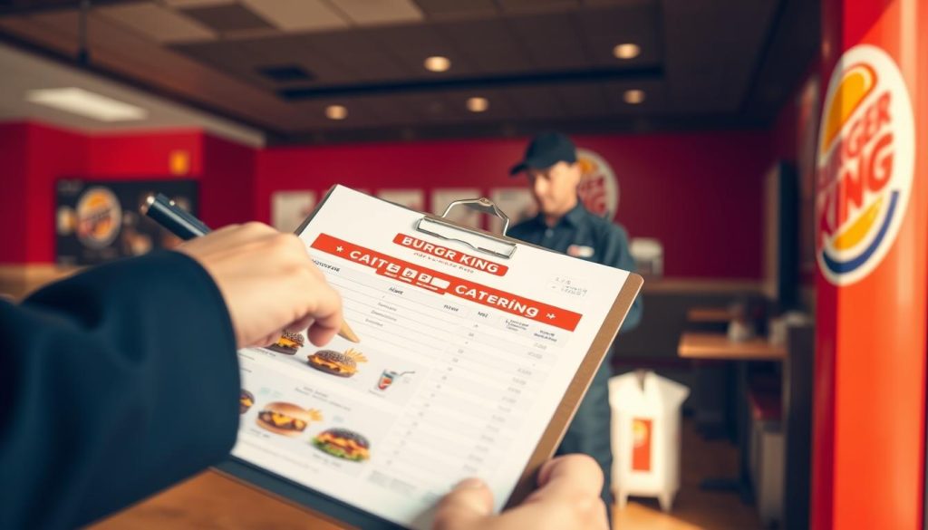 A well-lit, high-resolution image of a Burger King catering order being placed. The foreground shows a hand filling out an order form on a clipboard, with various catering menu items like burgers, fries, and drinks visible on the order form. The middle ground depicts a Burger King employee reviewing the order form, with a Burger King restaurant interior in the background featuring the signature red and yellow color scheme. The lighting is natural and bright, creating a clean, professional atmosphere. The angle is slightly elevated, capturing the scene from a slightly elevated perspective to provide a comprehensive view.