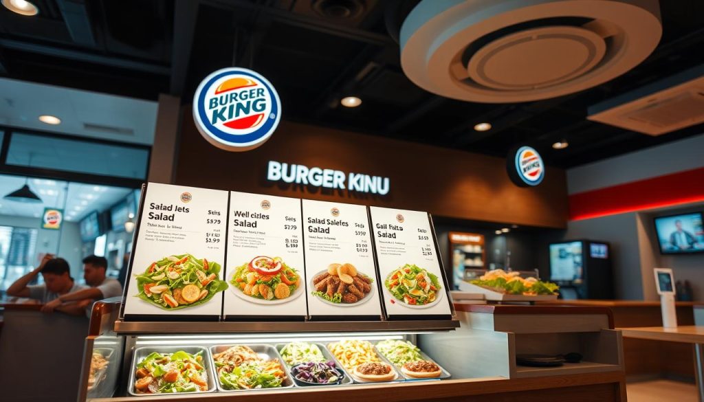 A well-lit, high-resolution interior scene of a Burger King restaurant, with a prominent display of the salad menu on the counter. The salad items are presented in an appetizing, visually appealing manner, showcasing their freshness and variety. The prices are clearly visible, presented in a clean, legible font. The overall atmosphere is inviting, with a touch of modern sophistication, highlighting Burger King's commitment to providing healthy dining options. The scene is captured from a slightly elevated angle, creating a sense of depth and emphasizing the menu display. The lighting is warm and evenly distributed, creating a welcoming ambiance.