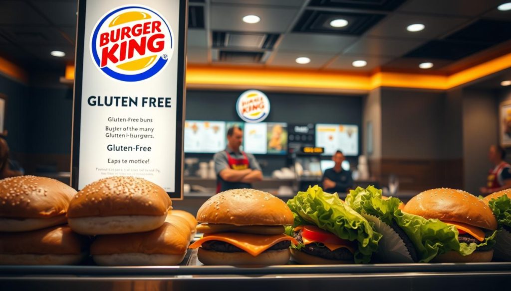 A well-lit, photorealistic scene of the Burger King menu showcasing their gluten-free options. In the foreground, a neatly arranged display of gluten-free buns, lettuce-wrapped burgers, and a prominent sign highlighting the gluten-free items. In the middle ground, a Burger King counter with a friendly employee assisting a customer. The background features the signature Burger King interior design, with warm lighting and clean, modern decor. The overall atmosphere conveys a sense of accessibility, health-consciousness, and Burger King's commitment to providing inclusive dining options.