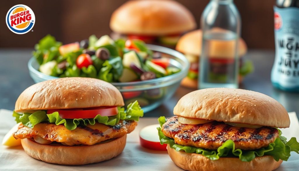 A well-lit, stylized image of an assortment of Burger King's healthier menu options, shot from an overhead angle with a shallow depth of field. In the foreground, a grilled chicken sandwich on a whole-grain bun, garnished with fresh lettuce, tomato, and a side of apple slices. In the middle ground, a garden salad with mixed greens, vegetables, and a light vinaigrette dressing. In the background, a veggie-packed Whopper Jr. and a bottle of water. The overall scene conveys a sense of freshness, balance, and a commitment to providing nutritious choices for health-conscious diners.