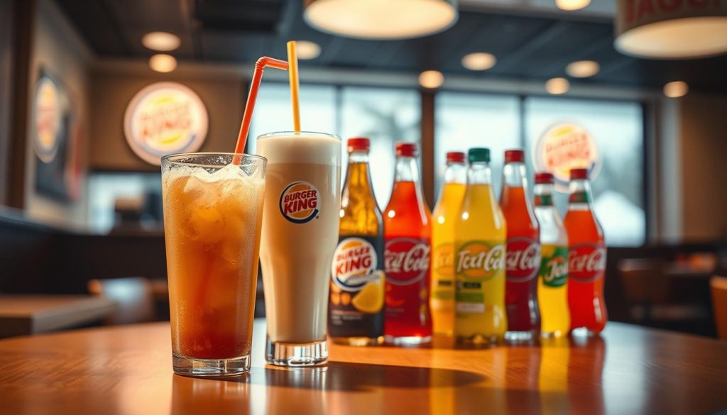A well-lit table showcasing an assortment of Burger King's signature beverages. In the foreground, an ice-cold fountain soda with a condensation-beaded cup, accompanied by a tall glass of frothy, creamy milkshake. In the middle ground, a variety of bottled drinks, including refreshing iced teas and zesty fruit juices, arranged in a visually appealing manner. The background features a blurred, softly-lit Burger King restaurant interior, evoking a cozy, inviting atmosphere. The overall lighting is warm and natural, accentuating the vibrant colors and textures of the beverages. The composition is balanced and harmonious, drawing the viewer's attention to the tempting array of Burger King's beverage offerings.