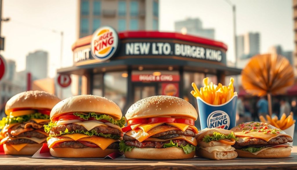 An enticing assortment of Burger King's latest limited-time offerings, captured in a vibrant, appetizing photograph. In the foreground, a selection of burgers, sandwiches, and specialty menu items like the Whopper, Big Fish, and new LTO items stand out against a soft, blurred background. Warm, natural lighting casts a golden glow, enhancing the mouthwatering details of the food. The middle ground features a Burger King restaurant facade, its iconic architecture and branding prominent. In the background, a bustling urban cityscape sets the scene, suggesting the widespread availability of these tantalizing limited-time deals. The overall mood is one of excitement and anticipation, inviting the viewer to explore Burger King's ever-evolving menu.