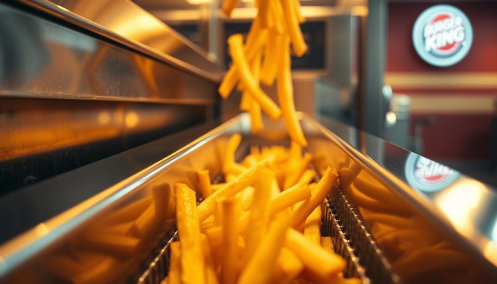 An exquisitely detailed close-up view of the gleaming Crisper at a Burger King restaurant, bathed in warm, golden lighting. The stainless steel chute is polished to a mirror-like sheen, showcasing the crisp, golden-brown fries tumbling down its surface. The background is blurred, drawing the viewer's focus to the mesmerizing action of the Crisper, a hidden gem that elevates the Burger King experience. The scene exudes a sense of anticipation and culinary delight, hinting at the secret deliciousness that lies within.