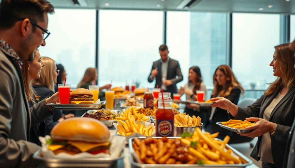 An upbeat, corporate-style image showcasing the benefits of Burger King catering. In the foreground, a group of people enjoying a catered Burger King meal at a professional setting - a conference room or office space. The middle ground features an array of Burger King menu items, including burgers, fries, and drinks, artfully arranged on platters. The background depicts a sleek, modern office environment with large windows, allowing natural light to stream in and create a warm, inviting atmosphere. The overall scene conveys the convenience, quality, and versatility of Burger King's catering services, making it an ideal choice for corporate events and professional gatherings.