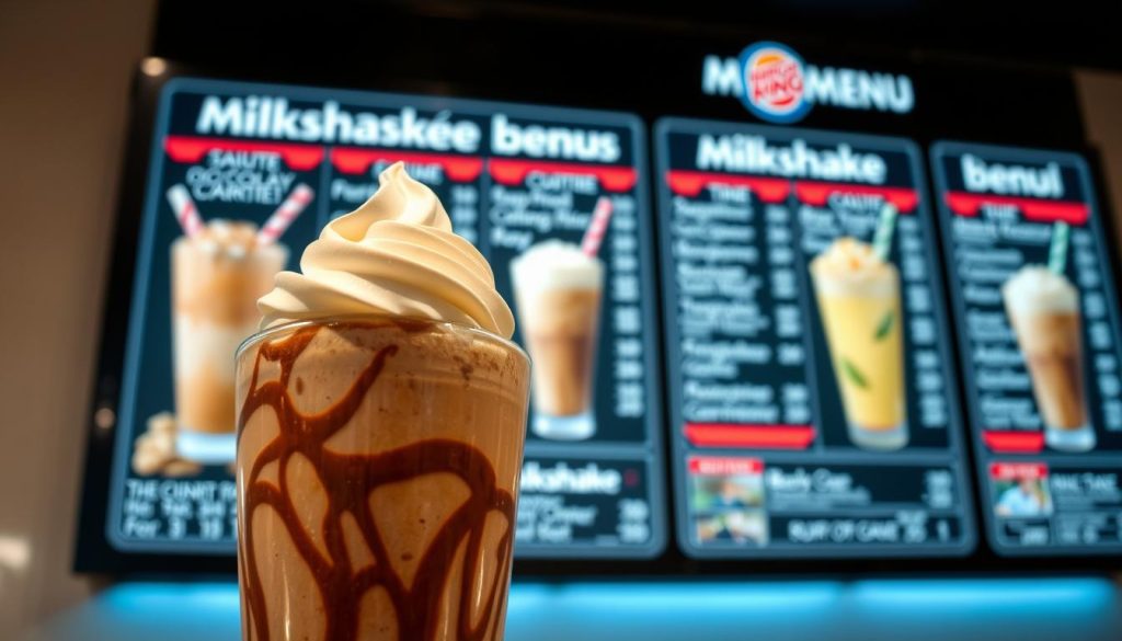 Burger King Milkshakes Menu: a sleek, modern menu board showcasing an array of tempting milkshake flavors. In the foreground, a delectable chocolate milkshake with a creamy, swirling texture and a dollop of whipped cream on top, capturing the indulgence of the experience. The middle ground features other milkshake options, each with its own distinct color and visual appeal, hinting at the diverse flavors available. The background is a clean, minimalist design, with a soft, warm lighting accentuating the menu items and creating an inviting atmosphere. The overall composition suggests a menu that is both visually appealing and promises a truly satisfying milkshake experience.