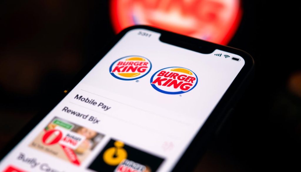 Burger King app features, showcasing a sleek and intuitive mobile interface. A crisp close-up view of a smartphone screen displays the app's main menu, highlighting various options like ordering, mobile pay, and rewards. The screen is bathed in warm, inviting lighting, creating a sense of accessibility and user-friendliness. The app's logo and branding elements are prominently featured, with a focus on clean design and high-resolution visuals. The background is slightly blurred, drawing the viewer's attention to the app's key functionalities. The overall mood conveys a seamless, modern, and engaging mobile experience for Burger King customers.