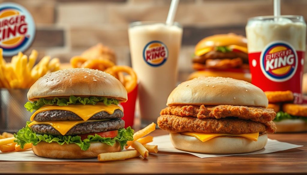 Burger King food items, a mouthwatering array of fast-food classics captured in a wide, high-angle shot. In the foreground, a freshly grilled Whopper burger, its juicy patty, melted cheese, and crisp lettuce stand out against a backdrop of golden fries and a frosty Coca-Cola drink. In the middle ground, a BK Chicken Sandwich, its breaded and fried chicken fillet glistening, accompanied by onion rings and a creamy milkshake. In the background, a variety of Burger King menu items, including the Big Fish sandwich, chicken nuggets, and a Bacon Cheese Sourdough King, all illuminated by warm, natural lighting and shot with a shallow depth of field to draw the viewer's attention to the delectable details.