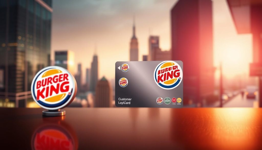 Burger King loyalty rewards program, featuring a sleek and modern design. In the foreground, a bold Burger King logo stands prominently, surrounded by a vibrant array of reward icons and badges. The middle ground showcases a stylized customer loyalty card, its surface reflecting the rich, warm lighting that bathes the scene. In the background, a blurred cityscape of skyscrapers and bustling streets sets the urban, metropolitan tone. The overall atmosphere conveys a sense of exclusivity, reward, and the seamless integration of the Burger King brand into the daily lives of its loyal customers.