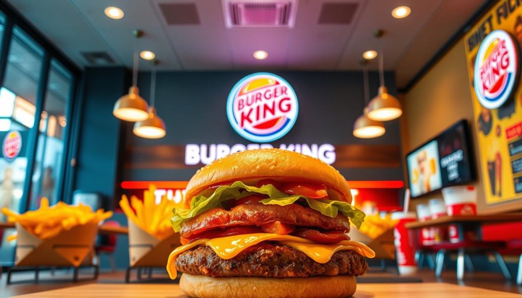 Burger King unique selling points. A vibrant and modern fast-food restaurant interior, showcasing Burger King's signature flame-grilled burgers, crispy fries, and refreshing drinks. Prominent in the foreground, a magnificent Whopper burger, its flame-broiled patty and fresh toppings glistening under warm, inviting lighting. In the middle ground, the iconic Burger King crown logo shines, surrounded by bold, dynamic graphics highlighting the brand's heritage and commitment to quality. The background features a sleek, minimalist design, emphasizing Burger King's commitment to innovation and customer experience. An overall atmosphere of energy, flavor, and uniqueness, capturing the essence of what sets Burger King apart from its competitors.