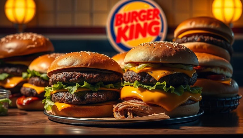 Burger King's secret menu classics, captured in a stylized still life. An array of signature burgers and sandwiches depicted with mouthwatering realism - juicy beef patties, melted cheese, crisp lettuce, and inviting buns. The composition is lit dramatically, with shadows accentuating the textures and highlights drawing the eye to the most tempting details. The scene is framed in a classic diner-inspired setting, evoking a sense of nostalgia and indulgence. The atmosphere is warm and inviting, conveying the hidden delights of Burger King's secret menu treasures.