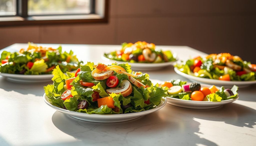 Crisp, fresh Burger King salads take center stage in a sunlit setting. A visually appealing arrangement features a variety of leafy greens, colorful vegetables, and carefully placed toppings. The salads are presented on sleek, modern plates, hinting at a high-quality dining experience. Soft natural lighting casts a warm glow, creating an appetizing and inviting atmosphere. The composition is well-balanced, with the salads positioned prominently in the foreground, surrounded by a minimalist background that allows the vibrant ingredients to shine. An overall sense of health, nutrition, and culinary sophistication permeates the scene, reflecting the "Exploring the Burger King Salad Menu" theme.