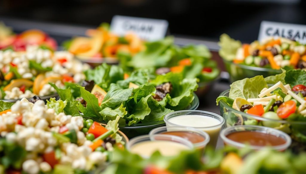 Detailed close-up photograph of a Burger King salad menu, showcasing a variety of fresh, vibrant greens, vegetables, and popular dressings. The foreground features a neatly arranged display of signature salad options, including a Caesar salad, garden salad, and chef's salad, with their respective dressings such as creamy Caesar, ranch, and balsamic vinaigrette arranged in small cups. The middle ground highlights the textures and colors of the salad ingredients, while the background softly blurs to create a clean, professional-looking presentation. The lighting is natural and evenly distributed, creating a crisp, appetizing atmosphere that emphasizes the freshness and quality of the Burger King salad menu.