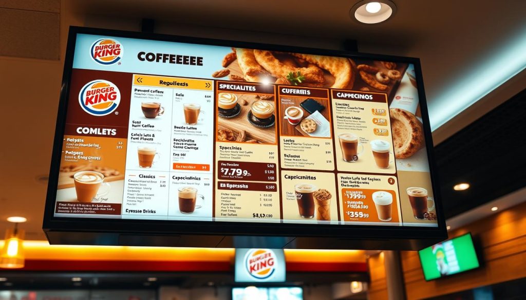 Detailed high-resolution image of a regional Burger King coffee menu, displayed on a modern digital screen in a well-lit BK restaurant interior. The menu showcases various coffee products, including classic brewed coffee, specialty lattes, cappuccinos, and other espresso-based drinks. The layout is clean and visually appealing, with high-quality product images and clear pricing information. The background features warm, inviting lighting and hints of the restaurant's branding and decor, creating a welcoming atmosphere. The camera angle is slightly elevated, providing a comprehensive view of the full menu display.