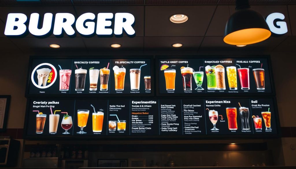 Detailed interior of a Burger King restaurant, showcasing a secret drink menu displayed on a backlit digital display behind the counter. The menu features an array of vibrant, colorful beverages in sleek, modern glassware, including unique milkshake flavors, specialty coffees, and experimental soda mixes. The lighting is warm and inviting, creating a cozy, relaxed atmosphere. The scene is captured from a slightly low angle, emphasizing the impressive selection of secret drink options available to discerning Burger King customers.