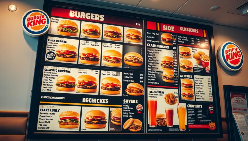 Detailed menu board of a Burger King restaurant, shot from a slightly elevated perspective. The menu showcases the full range of classic burgers, chicken sandwiches, sides, and beverages, each with their respective prices. The background is a warm, inviting interior with clean, contemporary decor elements. Soft, diffused lighting creates an appetizing atmosphere, highlighting the vibrant colors and textures of the menu items. The overall composition is balanced, drawing the viewer's attention to the clearly legible and organized menu listings.