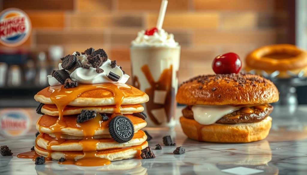 Enticing aerial shot of a Burger King counter displaying an array of homemade dessert "hacks". In the foreground, a delectable stack of pancakes drizzled with syrup and sprinkled with crumbled Oreo cookies. Beside it, a milkshake overflowing with whipped cream and crushed Reese's Peanut Butter Cups. The middle ground showcases a Whopper bun stuffed with creamy vanilla ice cream and topped with a cherry. In the background, a golden-fried apple pie oozing with cinnamon-sugar filling. Soft, warm lighting casts a cozy, indulgent atmosphere. Crisp focus and realistic textures bring this DIY Burger King dessert fantasy to life.