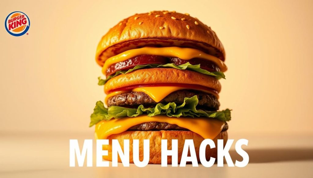 Exclusive Burger King menu hacks: a visually striking image showcasing a meticulously crafted, artisanal-style Whopper sandwich, its layers carefully arranged against a clean, minimalist background. The burger is bathed in warm, golden lighting, giving it a mouth-watering, enticing appearance. The composition features a mix of close-up and angled shots, highlighting the unique modifications and secret ingredients that elevate this classic fast-food item. The image conveys a sense of culinary innovation and exclusivity, inviting the viewer to explore Burger King's hidden menu treasures.