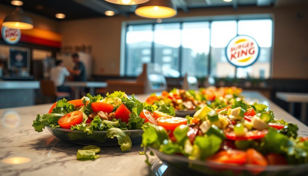 Freshly prepared salads displayed on a gleaming Burger King countertop, bathed in warm, natural lighting. The vibrant greens, juicy tomatoes, and crisp vegetables are arranged in an appetizing fashion, inviting the viewer to savor their nutritious goodness. In the background, a blurred view of the restaurant's modern, inviting interior sets the scene. The camera angle captures the salads from a slightly elevated perspective, emphasizing their visual appeal and the care taken in their presentation. An atmosphere of healthfulness and culinary expertise pervades the image, reflecting Burger King's commitment to providing fresh, wholesome options.