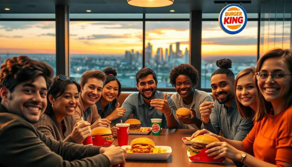 High-quality 3D render of a diverse group of satisfied customers, sitting around a table in a modern, well-lit burger restaurant. The foreground features close-up, detailed portraits of customers with expressions of delight, savoring their Burger King meals. The middle ground shows the restaurant interior with stylish decor, warm lighting, and clean, minimalist design. The background depicts a panoramic view through large windows, showcasing a vibrant city skyline under a golden-hour sunset. The overall mood is one of comfort, joy, and a sense of community, reflecting the positive user reviews and customer experiences.