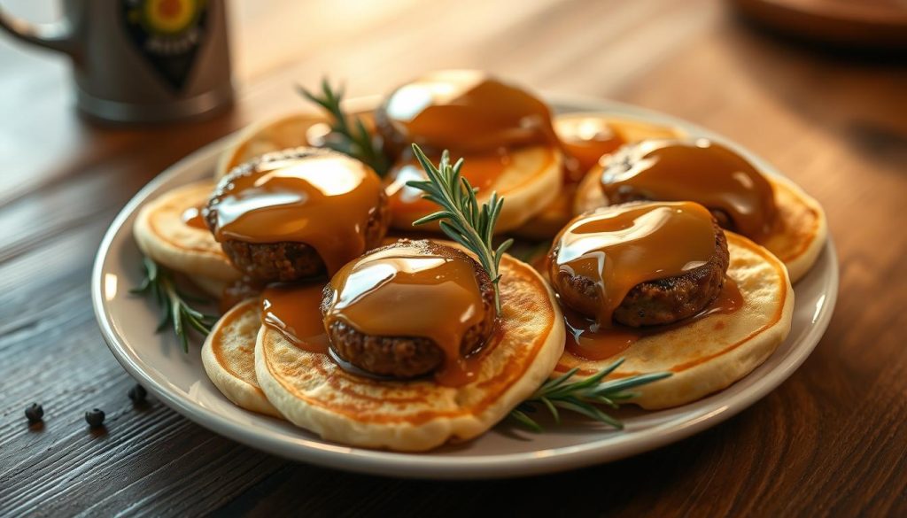 High-quality close-up photograph of a tempting Pancake Sausage Platter on a wooden table. The plate is filled with fluffy golden pancakes, each topped with a savory sausage patty and a drizzle of maple syrup. The food is surrounded by a few sprigs of fresh rosemary, adding a hint of herbal aroma. The lighting is soft and warm, creating a cozy, inviting atmosphere. The camera angle is slightly low, drawing the viewer's attention to the delicious details of the dish. The overall composition is well-balanced, highlighting the hearty and comforting nature of this breakfast platter.
