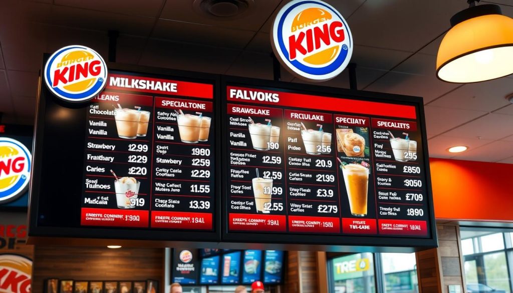 High-quality, detailed image of Burger King milkshake menu prices displayed on a modern digital menu board in a well-lit Burger King restaurant interior. The menu board shows the prices of various flavors of milkshakes, including classic flavors like chocolate, vanilla, and strawberry, as well as specialty flavors. The lighting creates a warm, inviting atmosphere, and the camera angle is slightly elevated to showcase the full menu board. The background features the distinctive Burger King branding and decor, creating a clear Burger King brand identity.