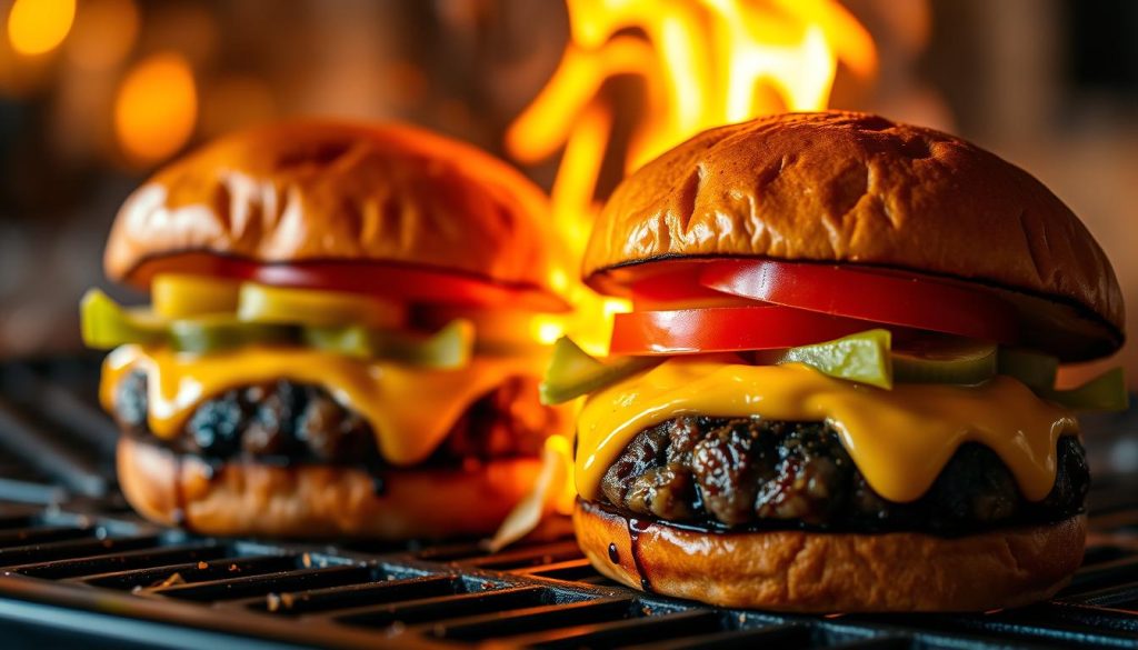 Sizzling flame-grilled burgers with a charred, caramelized crust, nestled between soft, pillowy buns. Juicy patties dripping with savory umami flavors, crowned with crisp lettuce, ripe tomatoes, and tangy pickles. A glistening layer of melted cheese cascades over the edges, creating a mouthwatering visual feast. Backlighting casts a warm, golden glow, highlighting the smoky char and the inviting aromas wafting through the air. The scene is captured with a shallow depth of field, drawing the viewer's focus to the burgers in the center of the frame, set against a blurred, atmospheric background.