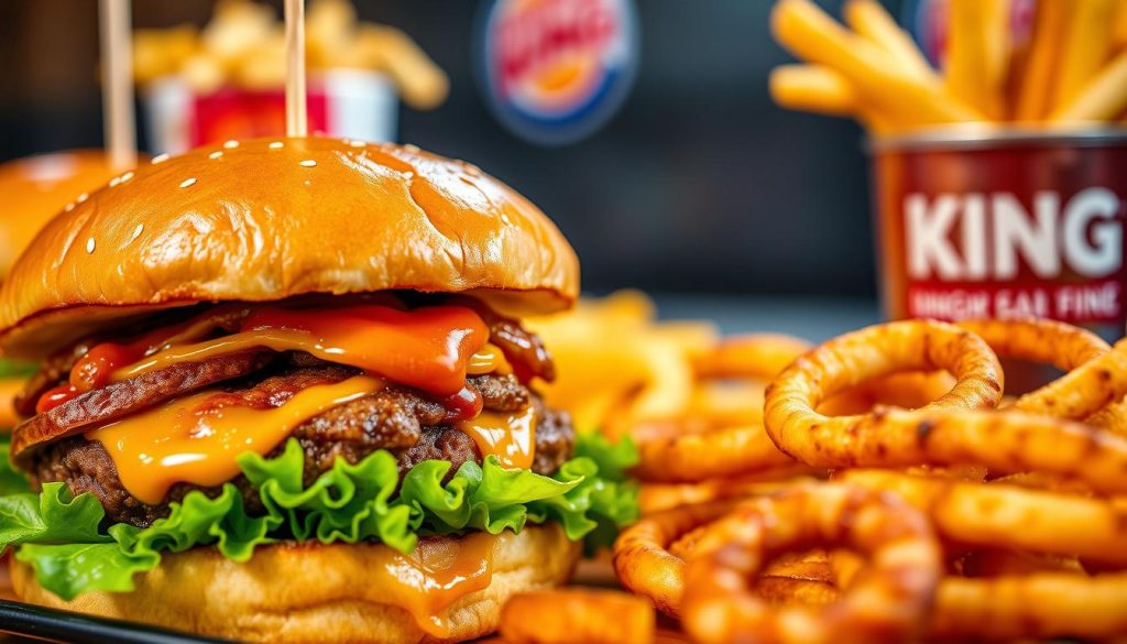 Vibrant and appetizing display of Burger King's limited-time seasonal offerings. A well-lit close-up shot capturing the rich colors and textures of the various menu items, including a juicy burger with warm, toasted buns, crisp lettuce, and a drizzle of savory sauce. Alongside, a selection of savory sides like golden-fried onion rings and piping hot french fries. The arrangement creates a visually enticing and mouthwatering scene, showcasing the brand's commitment to satisfying the taste buds of its customers with its limited-time culinary creations. Captured with a shallow depth of field to draw the viewer's attention to the foreground details.
