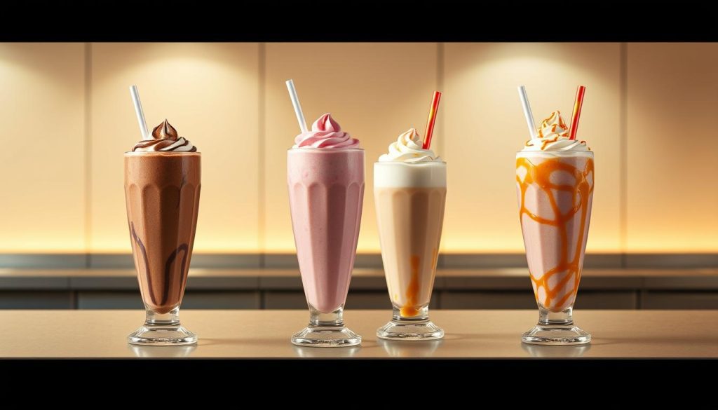 Vibrant array of Burger King milkshake flavors presented on a sleek, modern counter or tabletop. The milkshakes are in tall, elegant glasses, each showcasing a distinct, mouthwatering color and texture - from creamy chocolate to refreshing strawberry to indulgent caramel. The scene is bathed in warm, soft lighting, highlighting the inviting allure of these limited-time seasonal offerings. The focus is on the milkshakes themselves, with a minimalist background that emphasizes their delectable nature. The overall mood is one of temptation and anticipation, inviting the viewer to imagine the satisfying flavors.