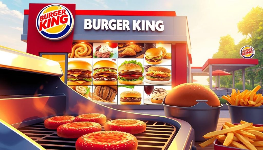 Vibrant digital illustration of a Burger King restaurant showcasing its special offers. In the foreground, a gleaming stainless steel burger grill sizzles with fresh patties, while a stack of golden-brown fries sits nearby. The middle ground features a colorful mosaic of Burger King menu items, including a towering Whopper, crisp chicken sandwiches, and decadent desserts. The background depicts the exterior of a modern Burger King location, with its iconic red and yellow color scheme and bold signage illuminated by warm, natural lighting. The overall atmosphere is one of mouthwatering temptation and irresistible savings, capturing the essence of Burger King's special promotions.