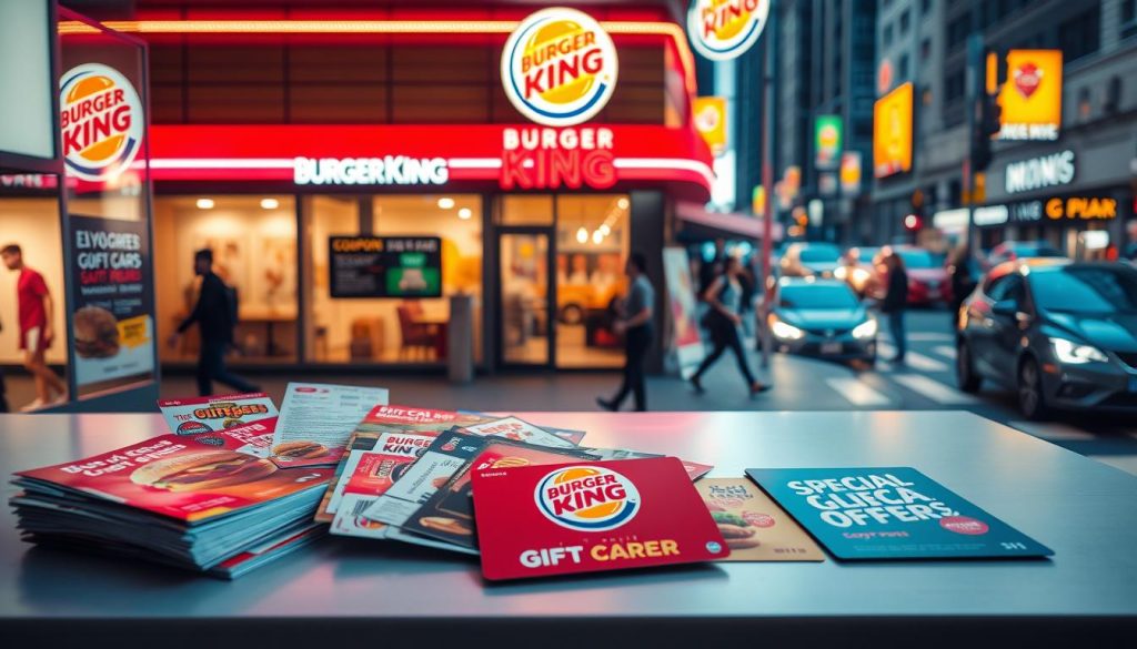 Vibrant, realistic image of Burger King promotional materials. In the foreground, an array of colorful coupons, gift cards, and special offer posters displayed on a modern, minimalist table surface. The middle ground features a Burger King restaurant facade with its iconic crown logo and neon signage, bathed in warm, inviting lighting. In the background, a busy city street scene with passing traffic and pedestrians, capturing the bustling energy of a Burger King restaurant location. The overall atmosphere is energetic, attention-grabbing, and representative of the brand's promotional efforts to draw in customers.